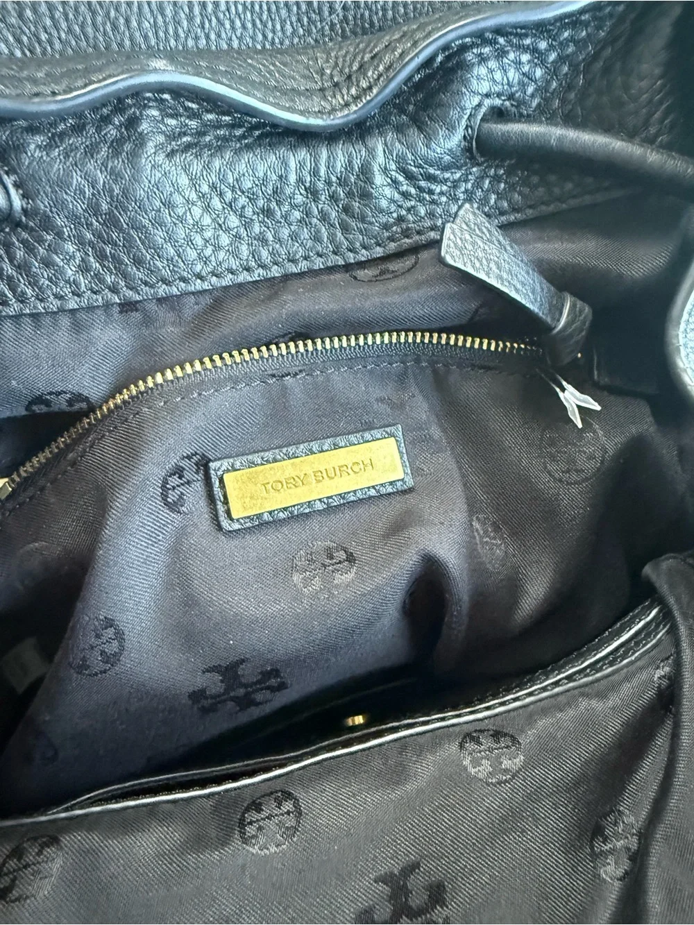 Tory Burch Black Pebbled Leather Drawstring Backpack with Tassels